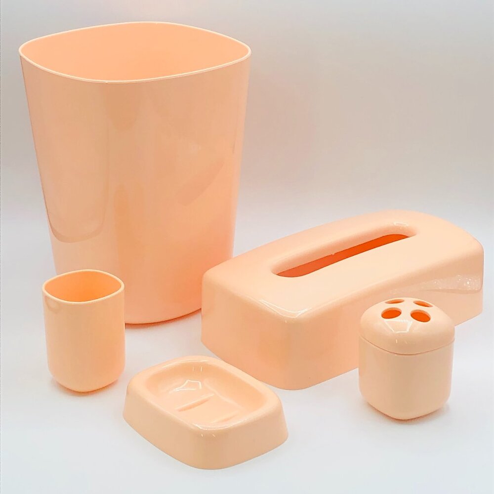 Vintage Pastel Peach Bathroom Vanity Accessory 5 Pcs SET, Midcentury Kitsch